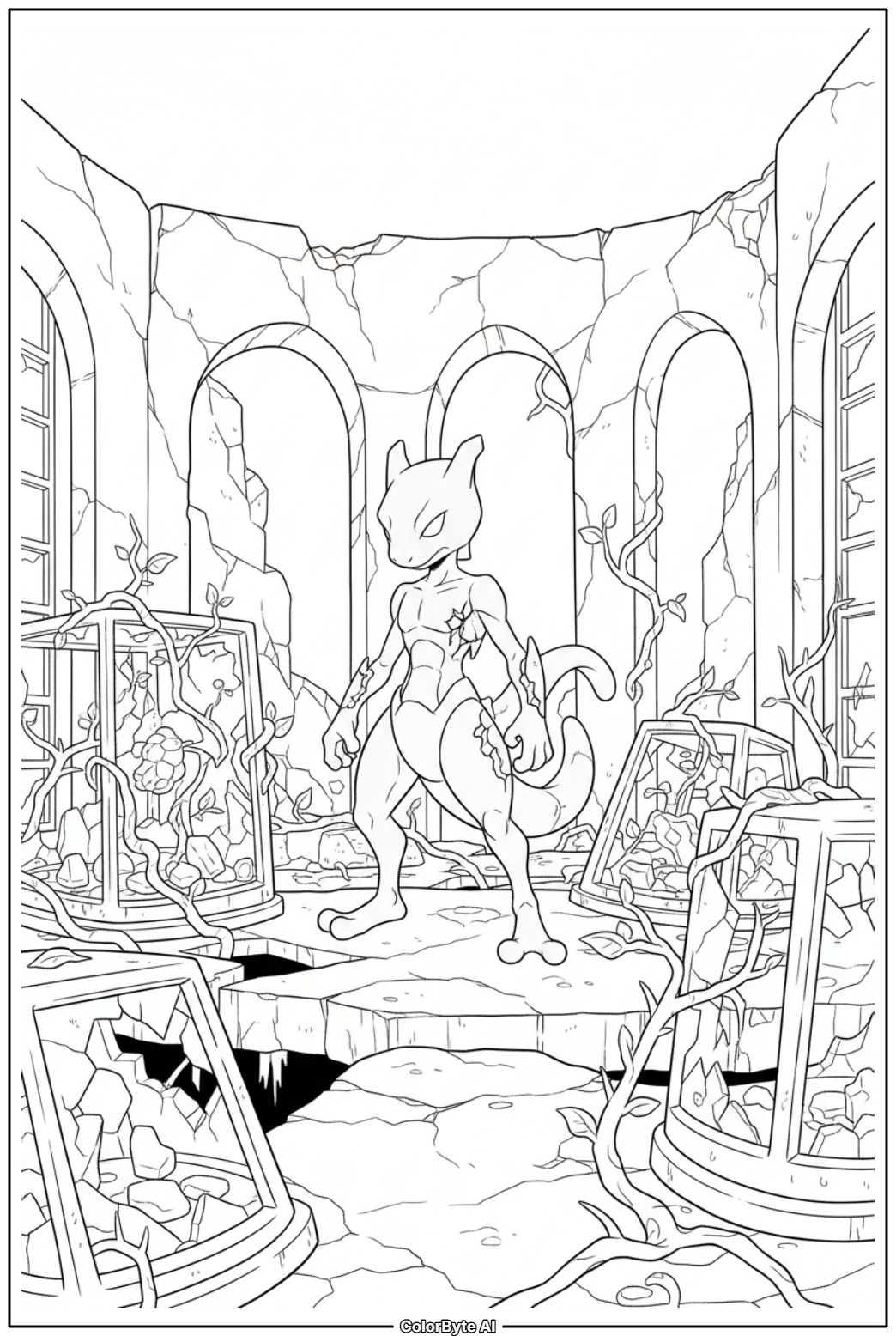 Mewtwo standing in abandoned lab ruins