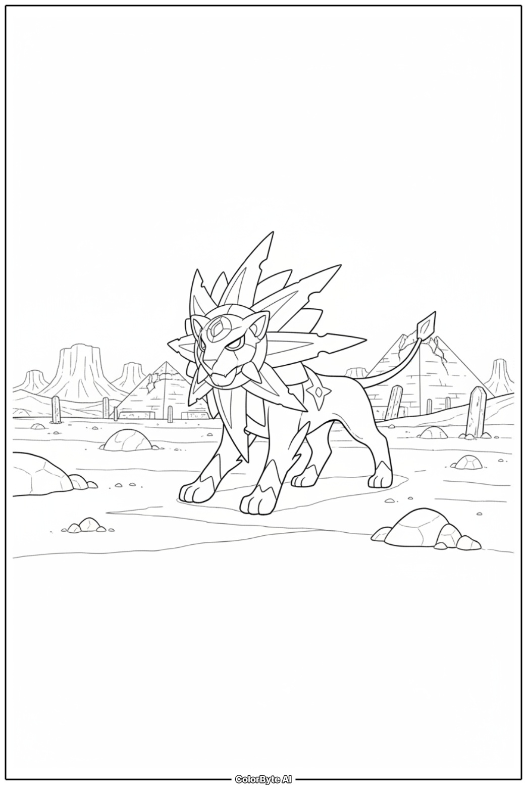 Solgaleo marching through sun ruin desert