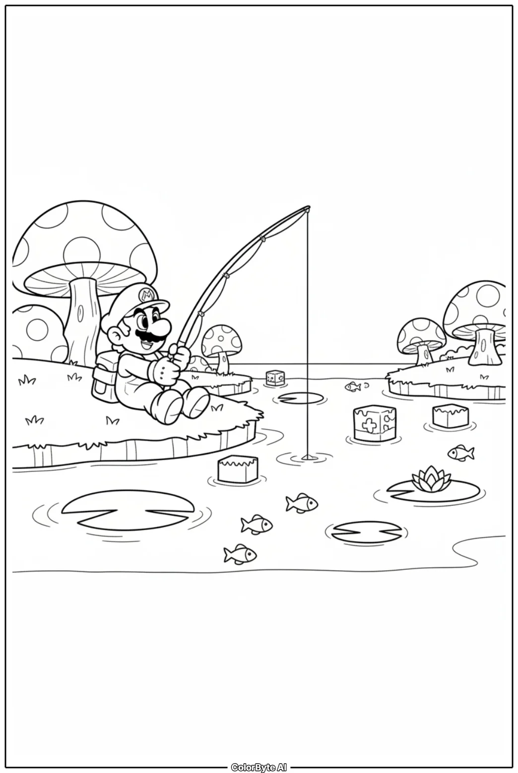 Mario Fishing By Quiet Mushroom Lake Shore