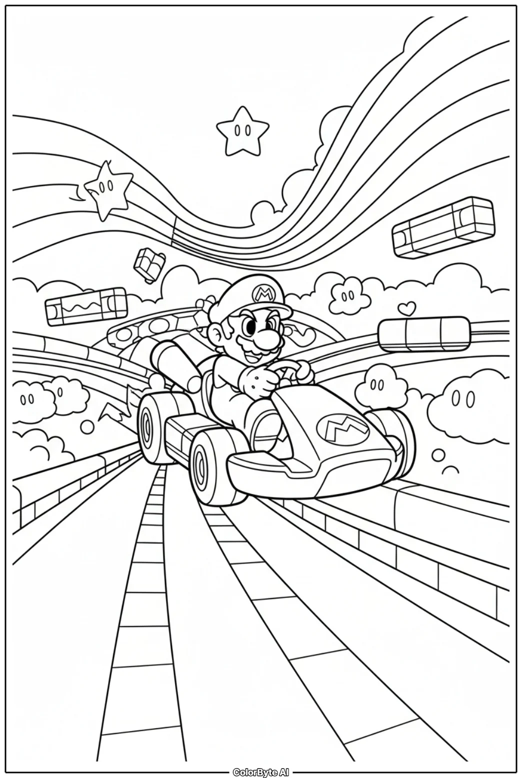 Mario Racing On Kart At Rainbow Road Circuit