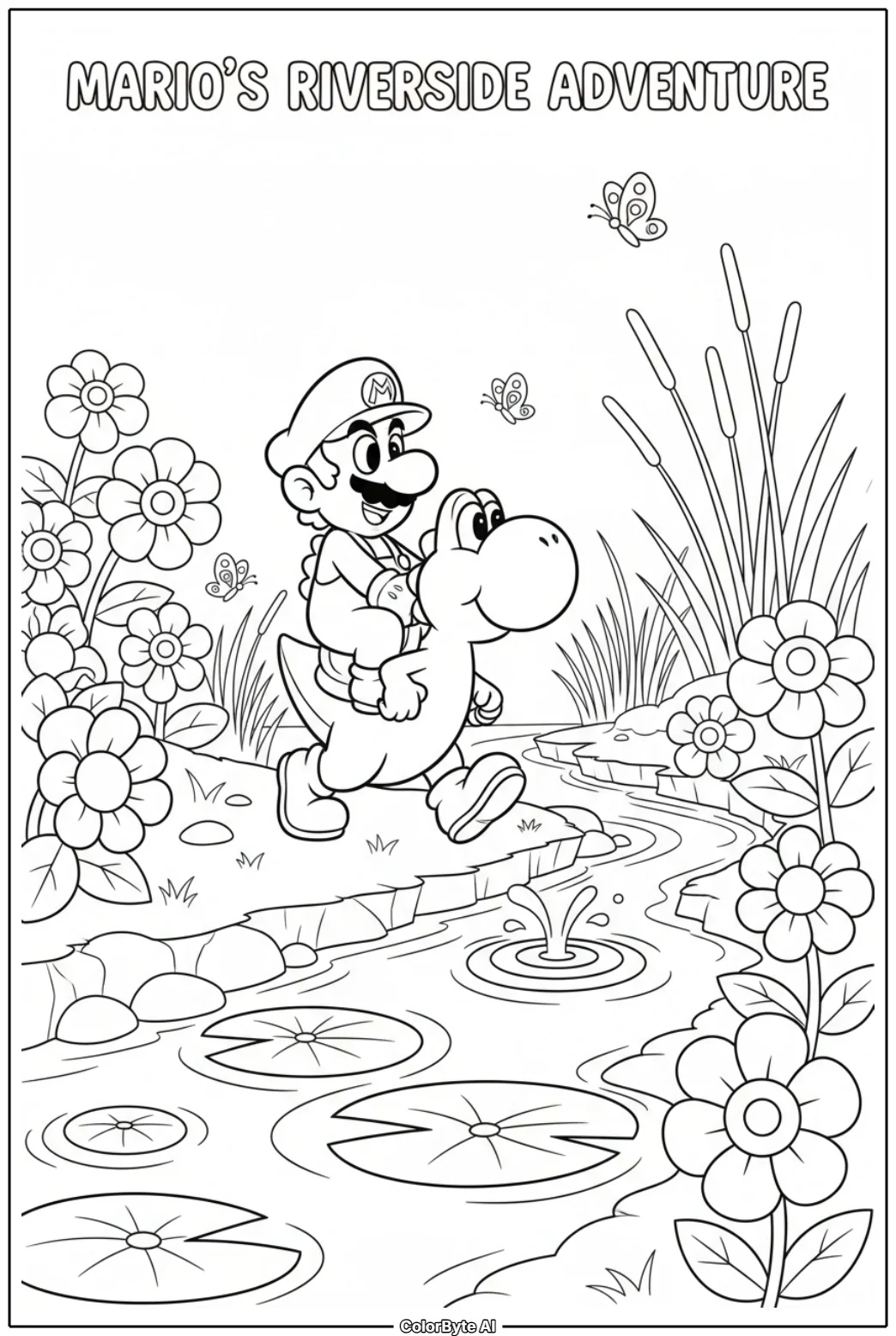 Mario Riding Yoshi Across Flower River