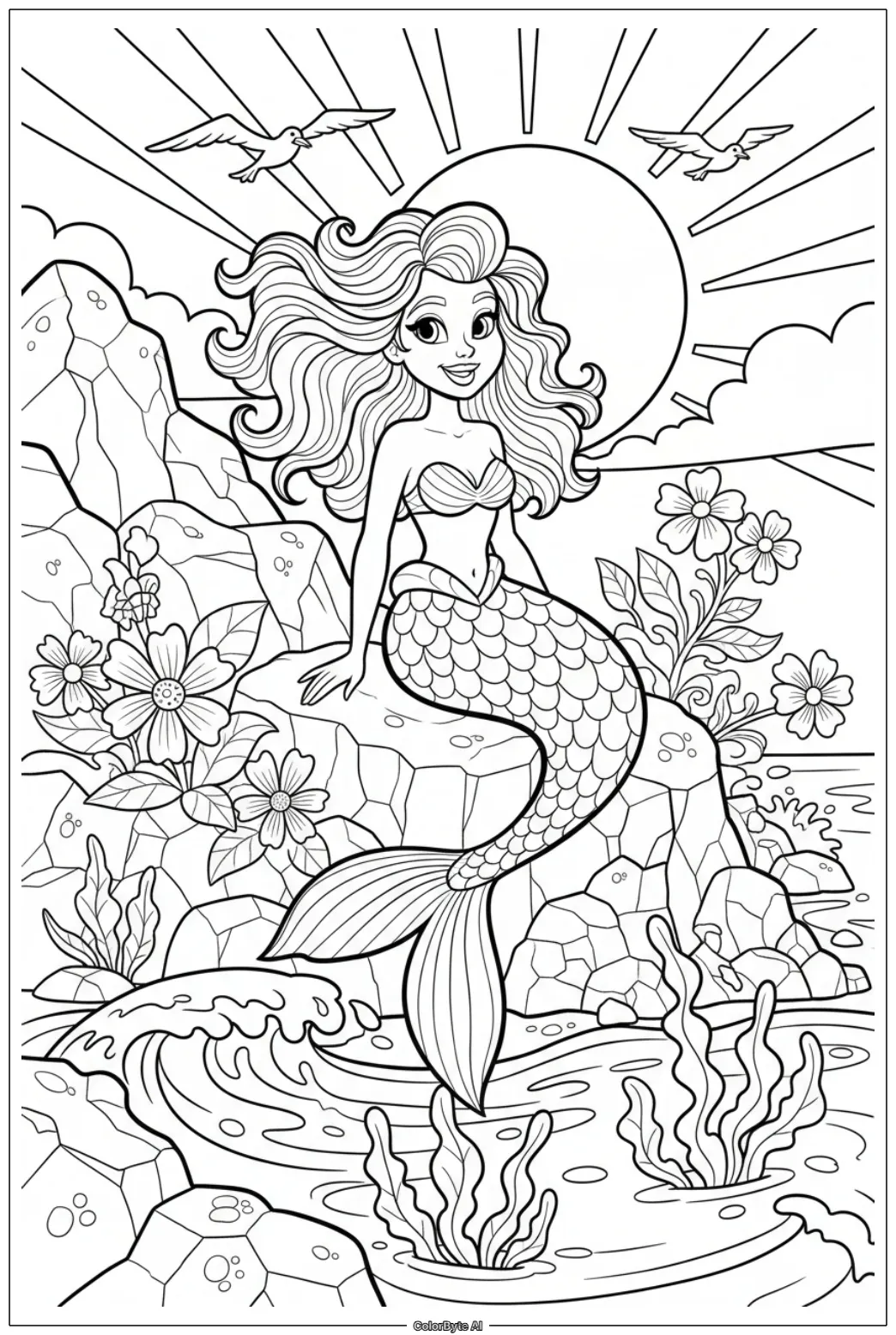 Mermaid on Coastal Rocks at Sunset
