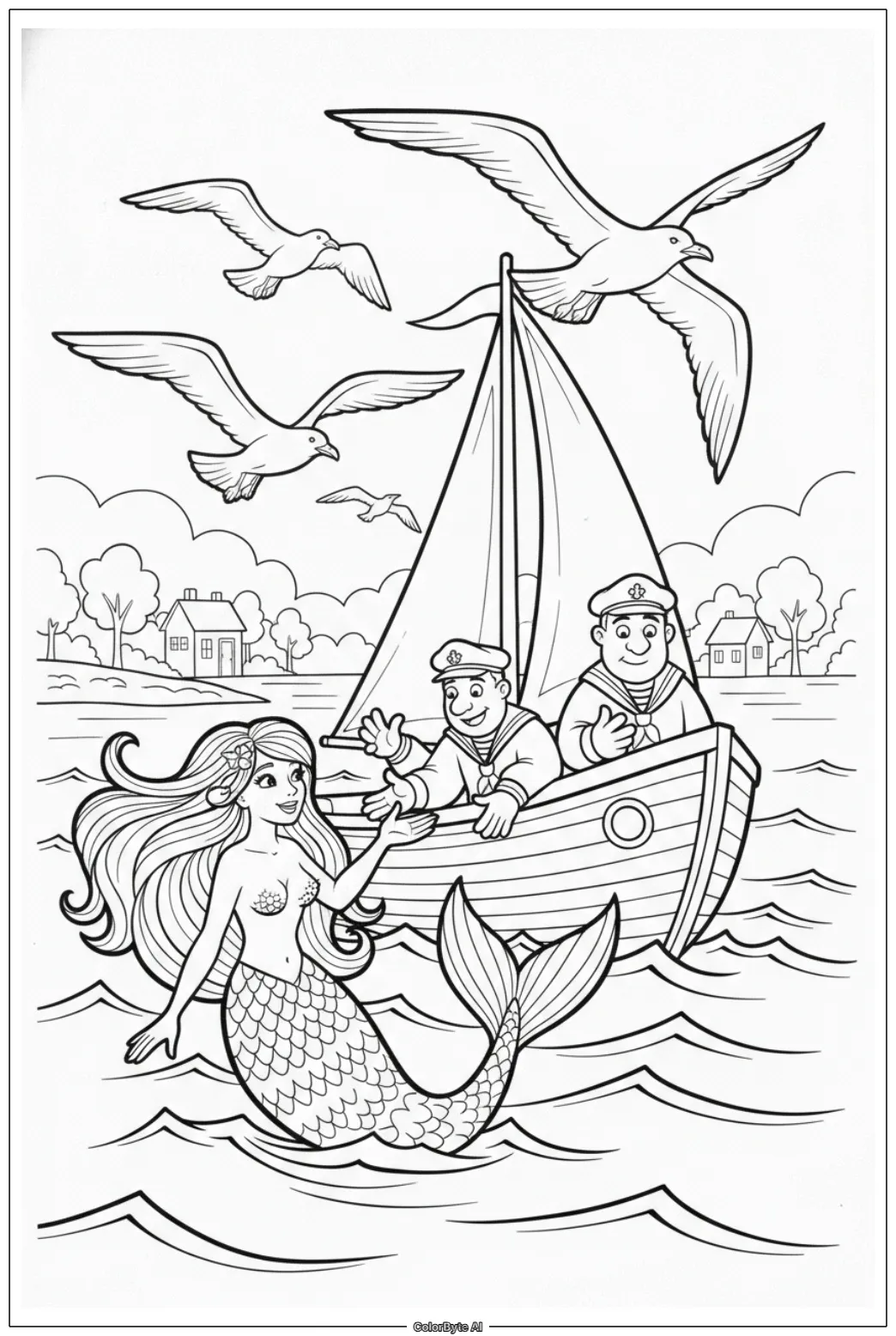 Mermaid and Sailboat on Calm Sea