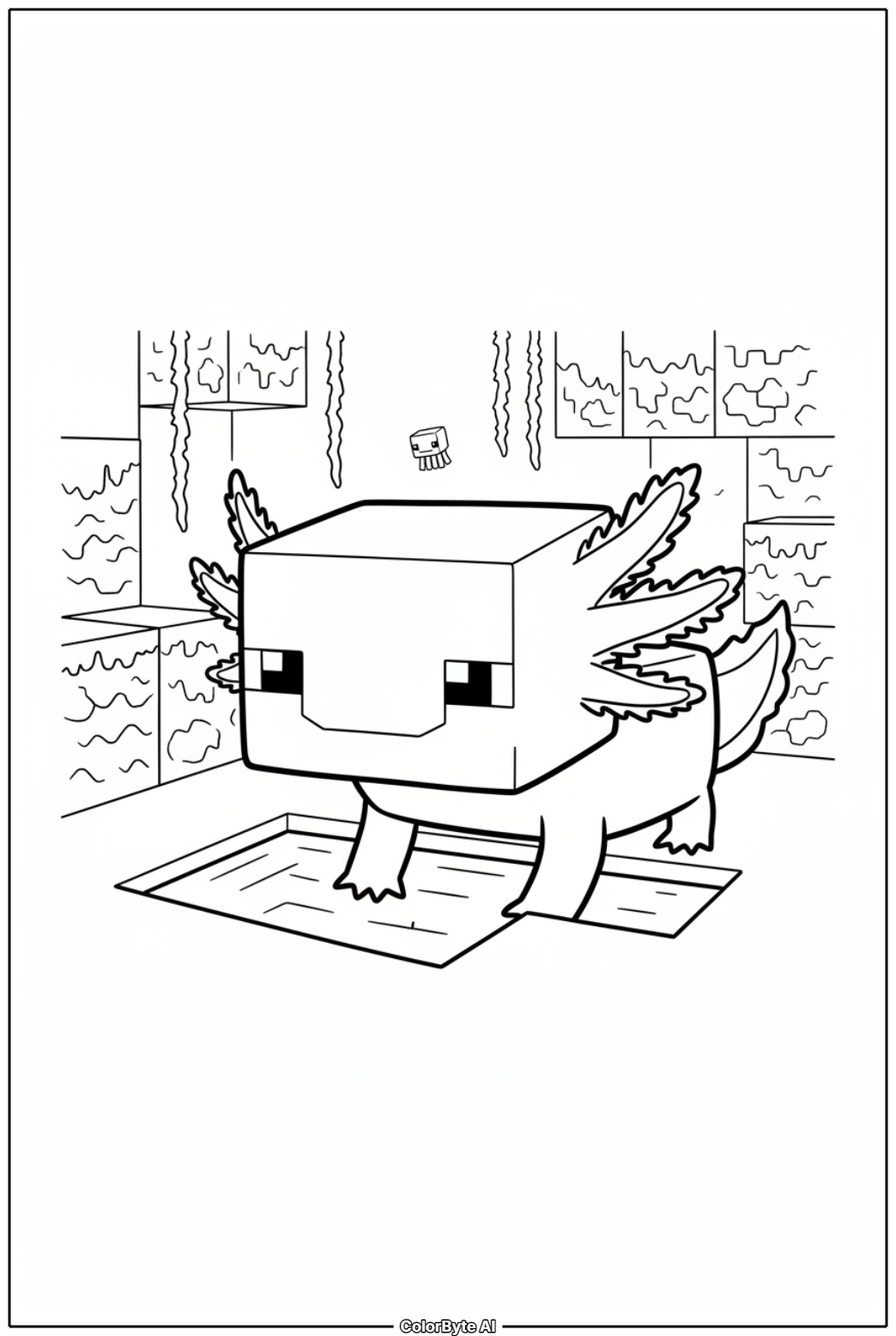 Blocky axolotl center stage inside lush cave