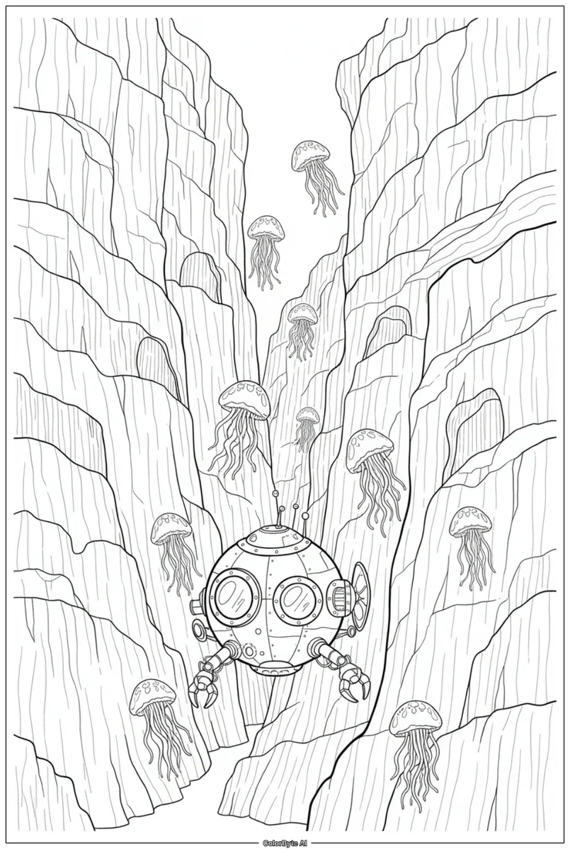 Deep-Sea Submarine Exploring Abyss Canyon