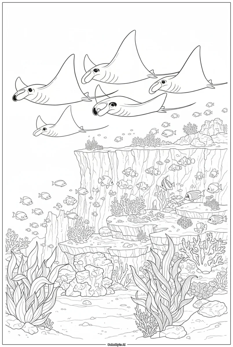 Manta Ray Group Gliding Over Reef Drop-off