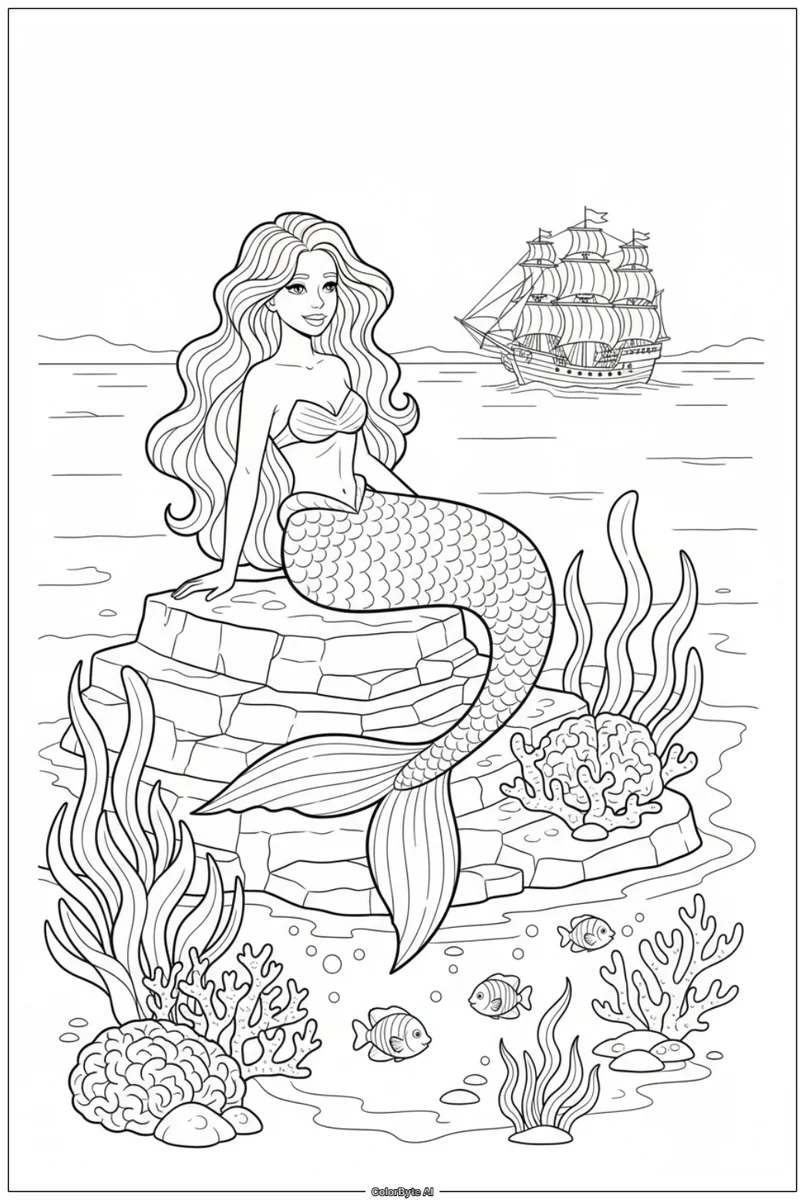 Mermaid and Ancient Sailing Vessel Coast Scene