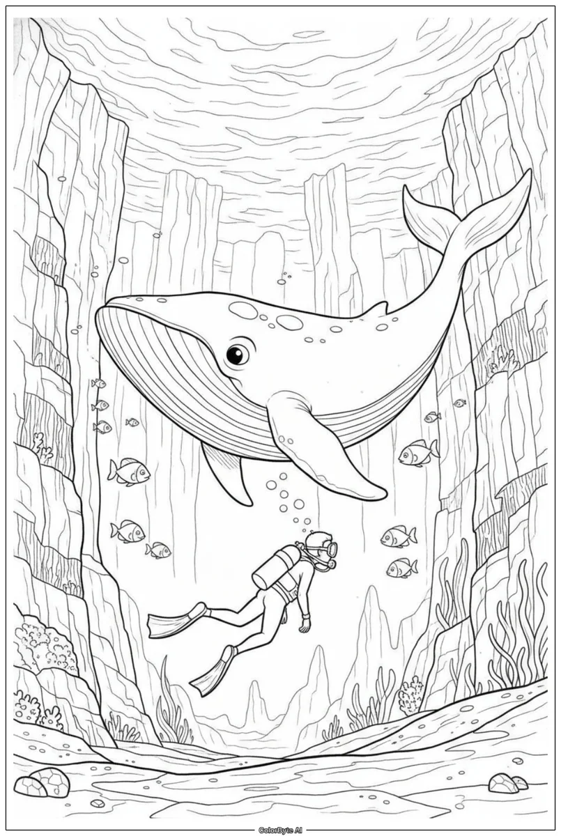 Tiny Diver Facing Massive Ancient Whale Underwater Cliff