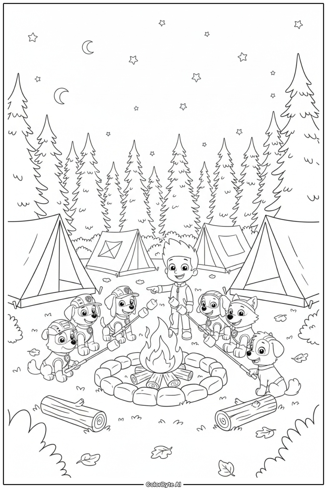 All Paw Patrol pups camping under starry night sky