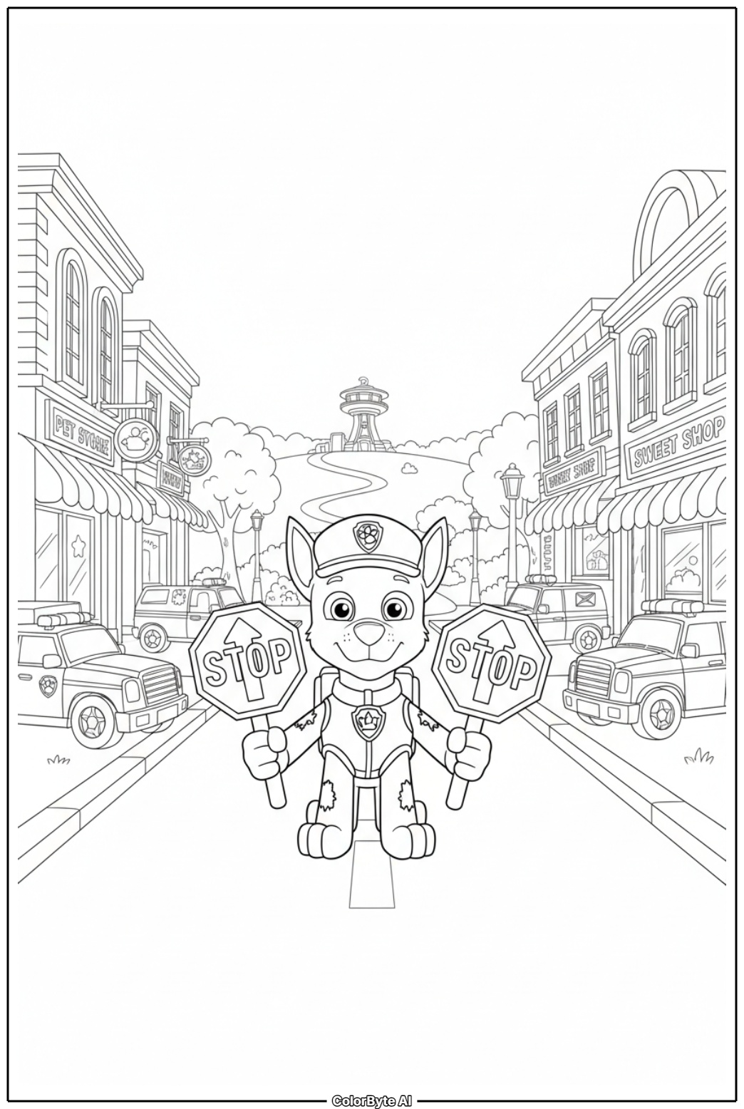 Chase directing traffic at Adventure Bay main street