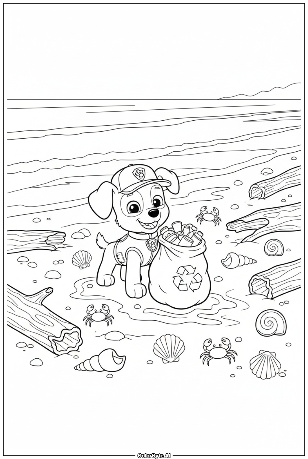 Rocky collecting beach trash with recycling grabber