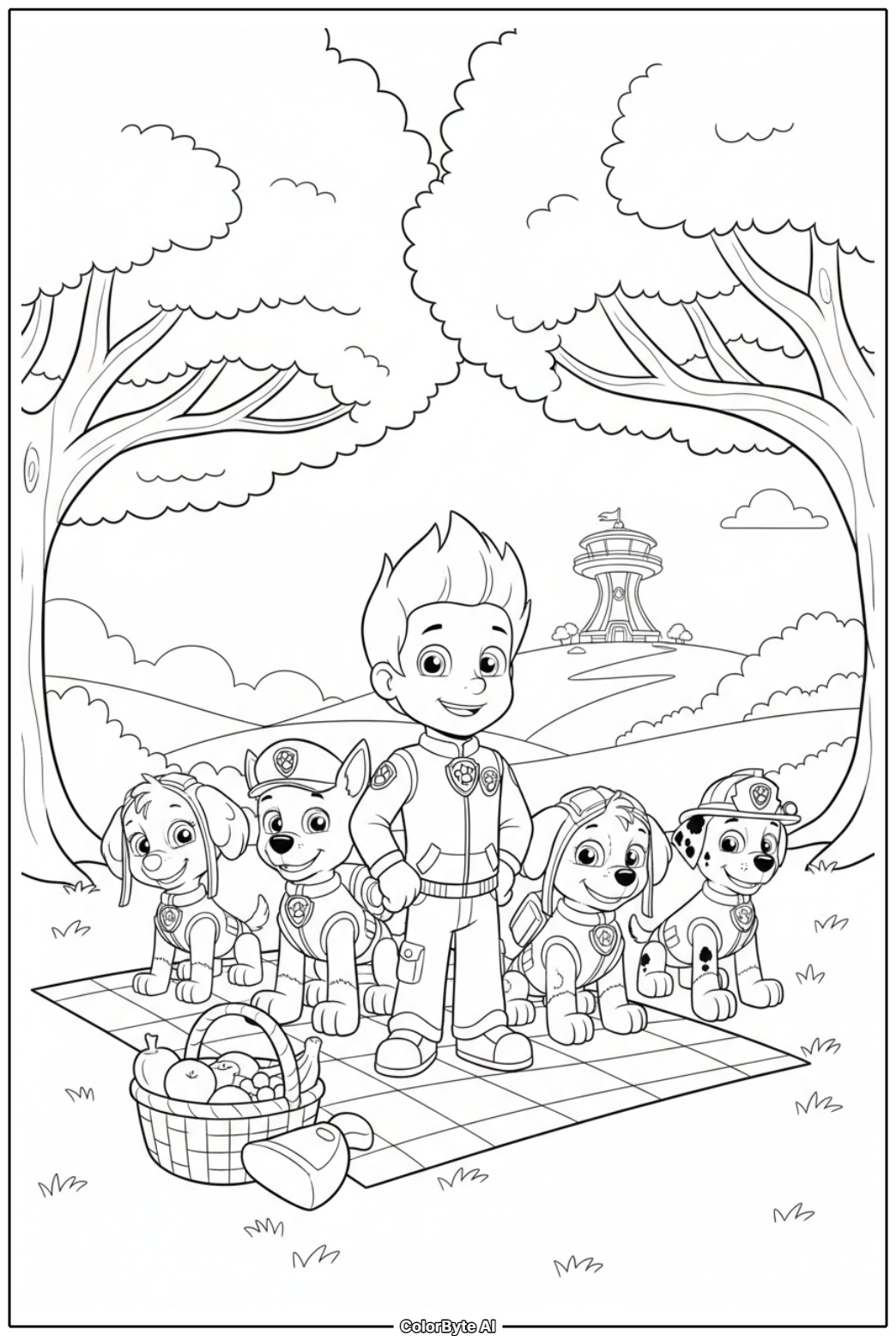 Ryder leading full Paw Patrol team to picnic rescue
