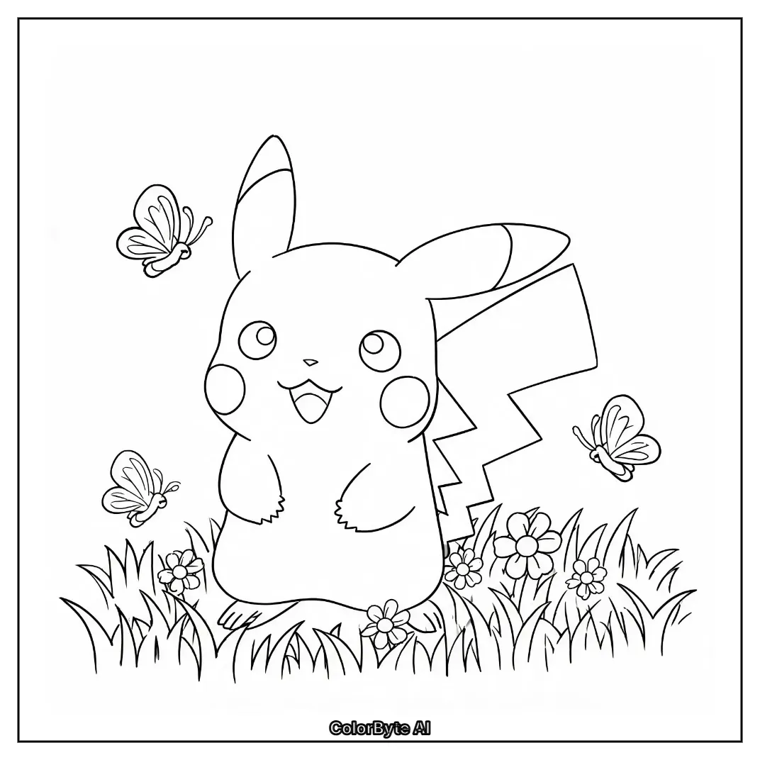Pikachu chasing butterflies on meadow