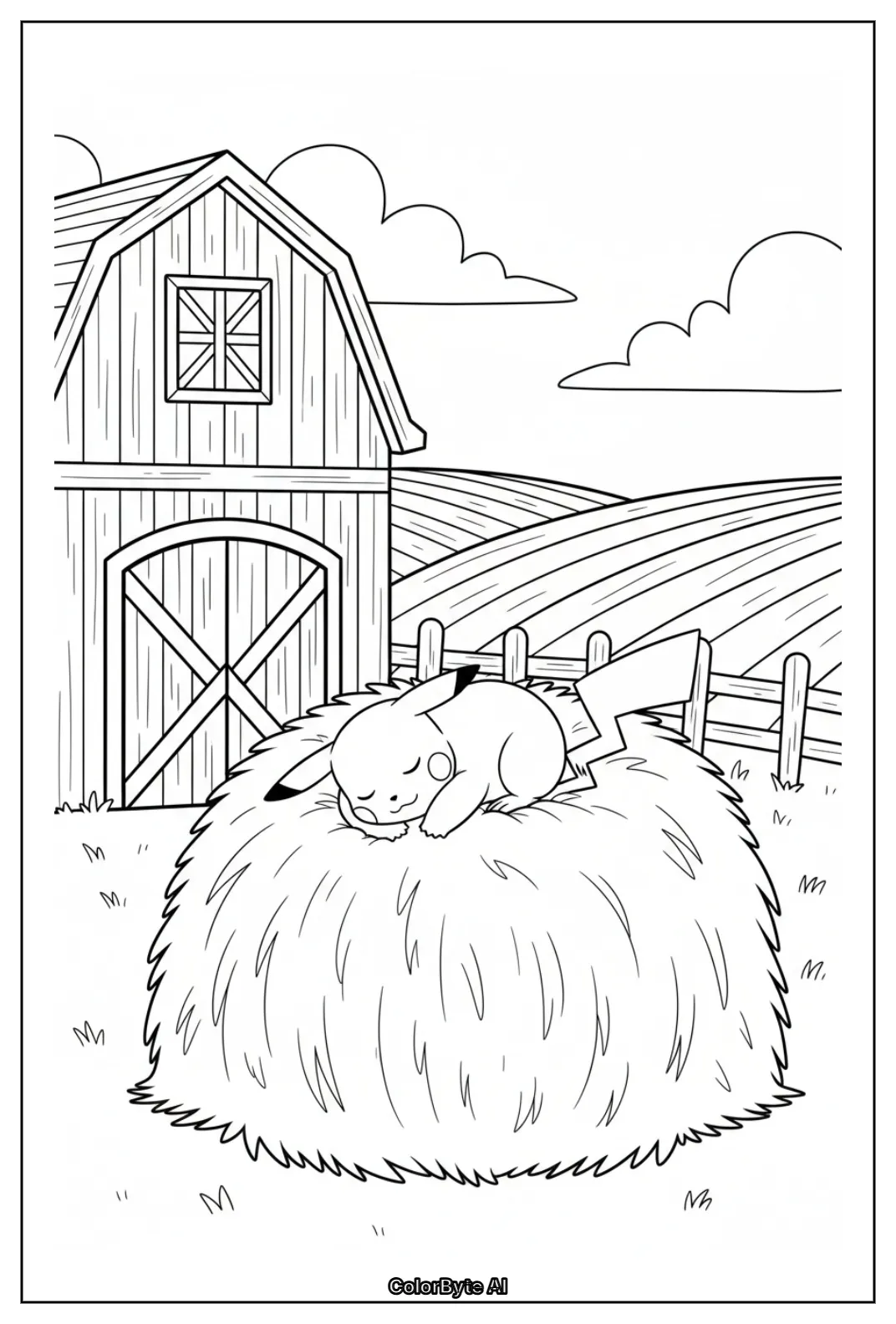 Pikachu napping on hay near barn