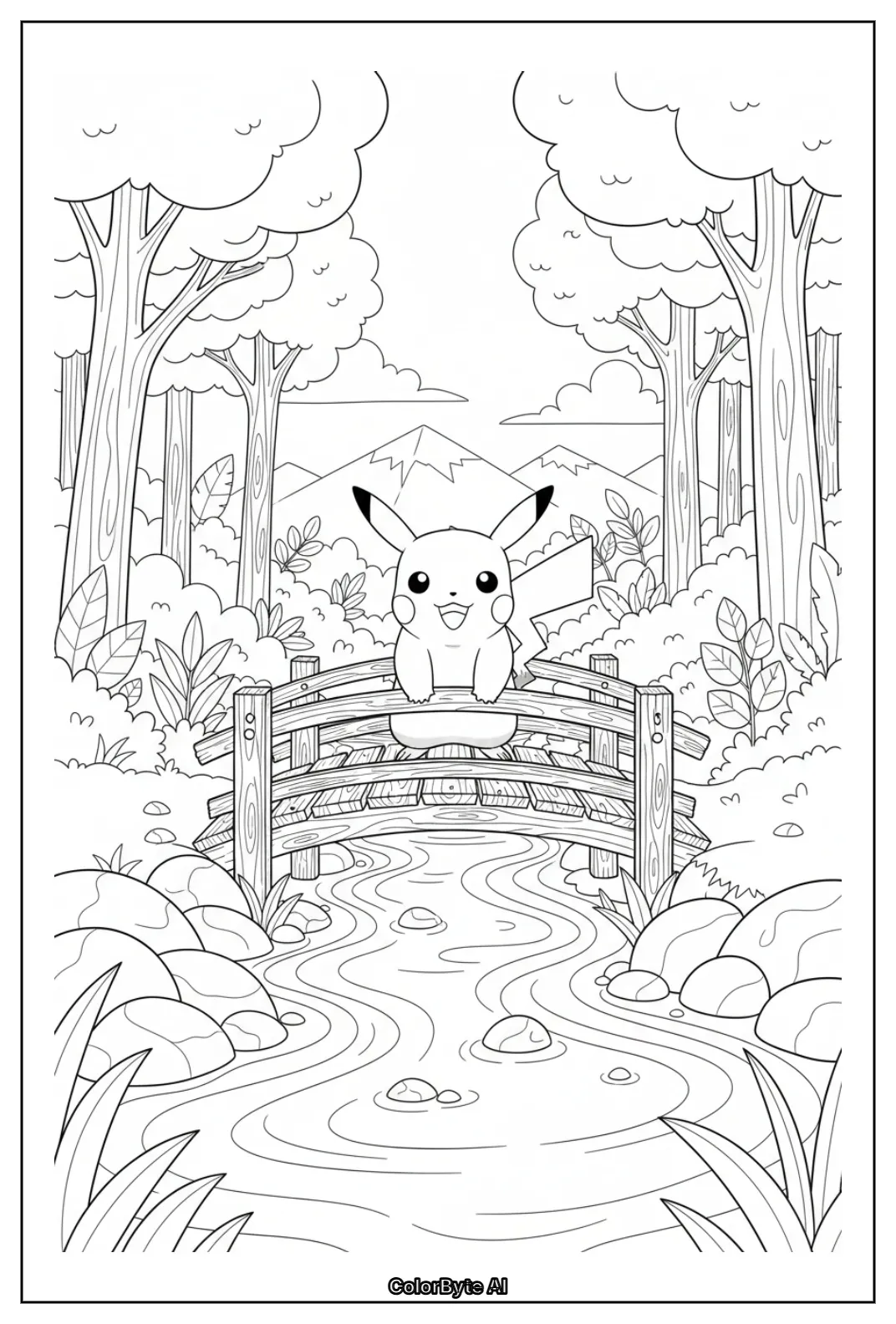 Pikachu on wooden bridge over brook