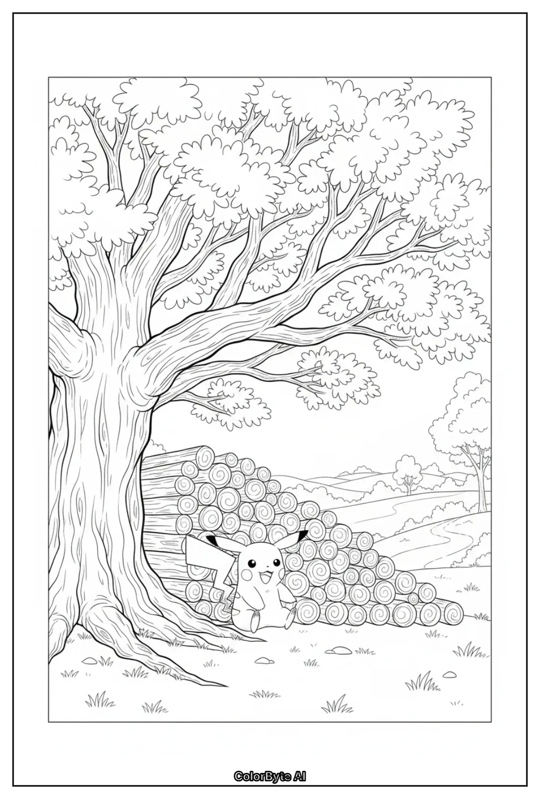 Pikachu by firewood under big tree