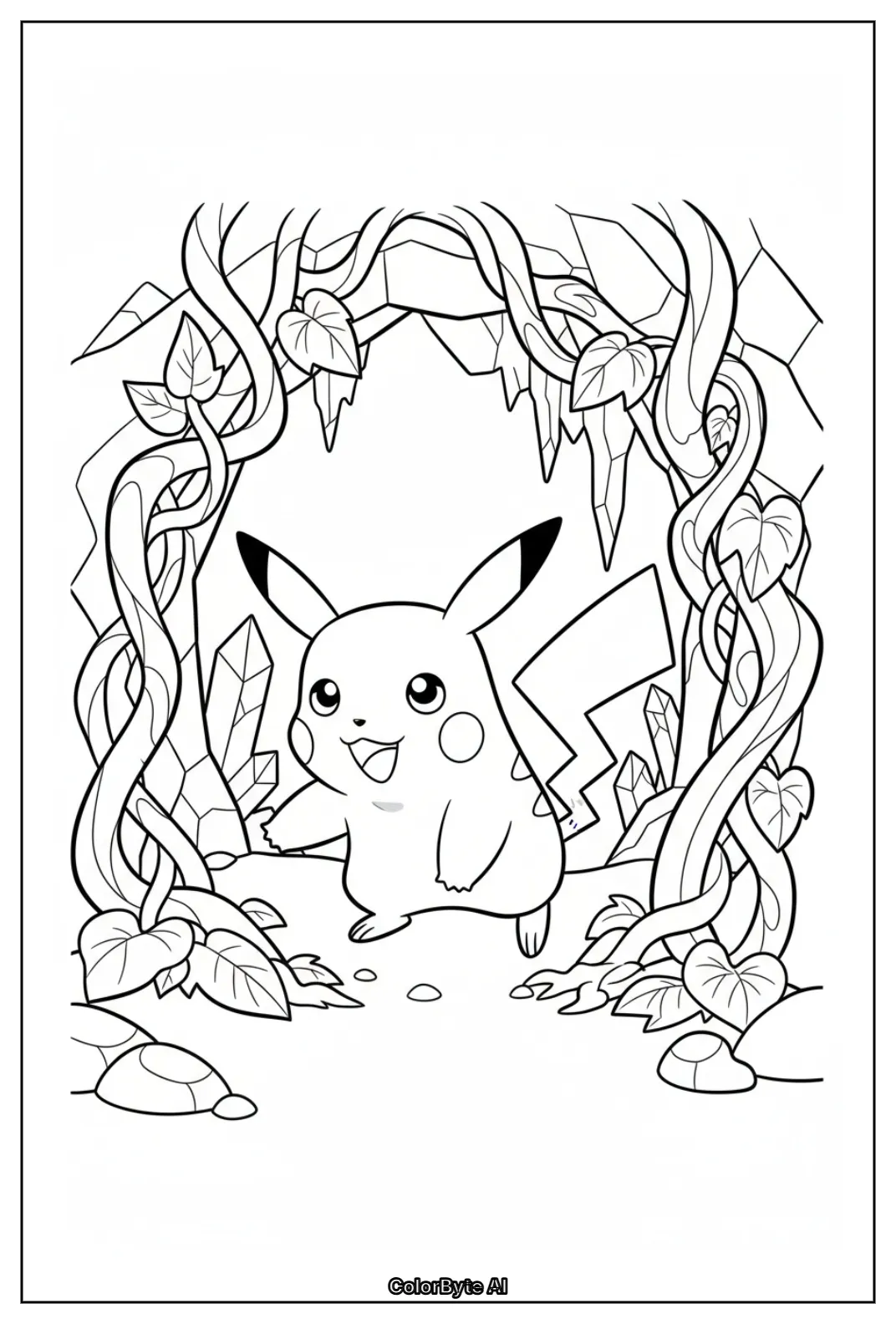 Pikachu at vine-covered cave entrance