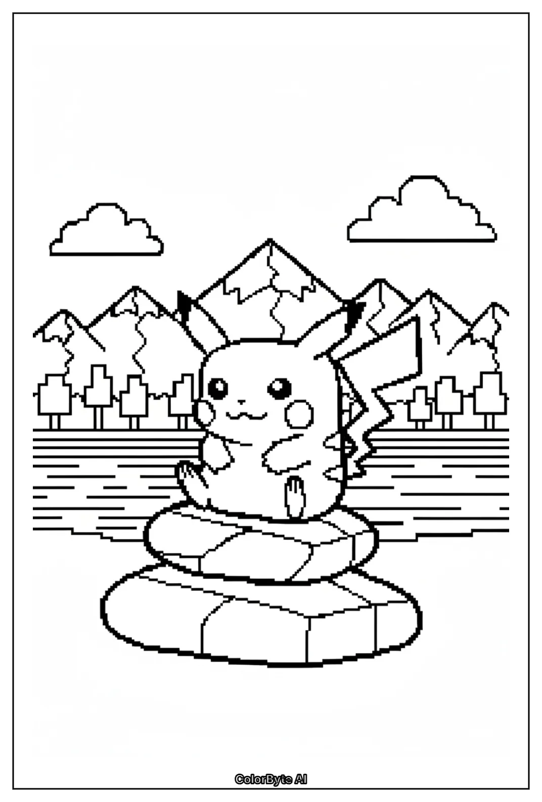 Pikachu resting on lakeside stones
