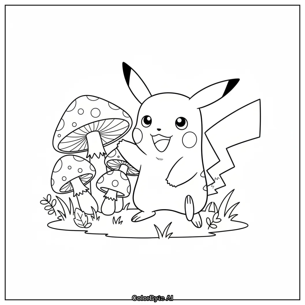 Pikachu playing by woodland mushrooms