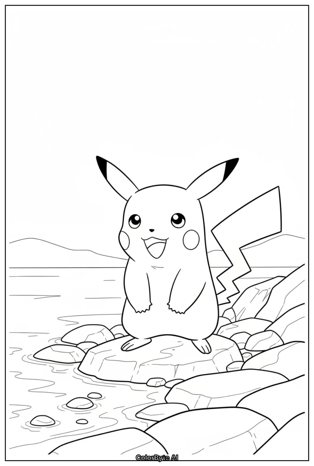 Pikachu exploring rocky waterside