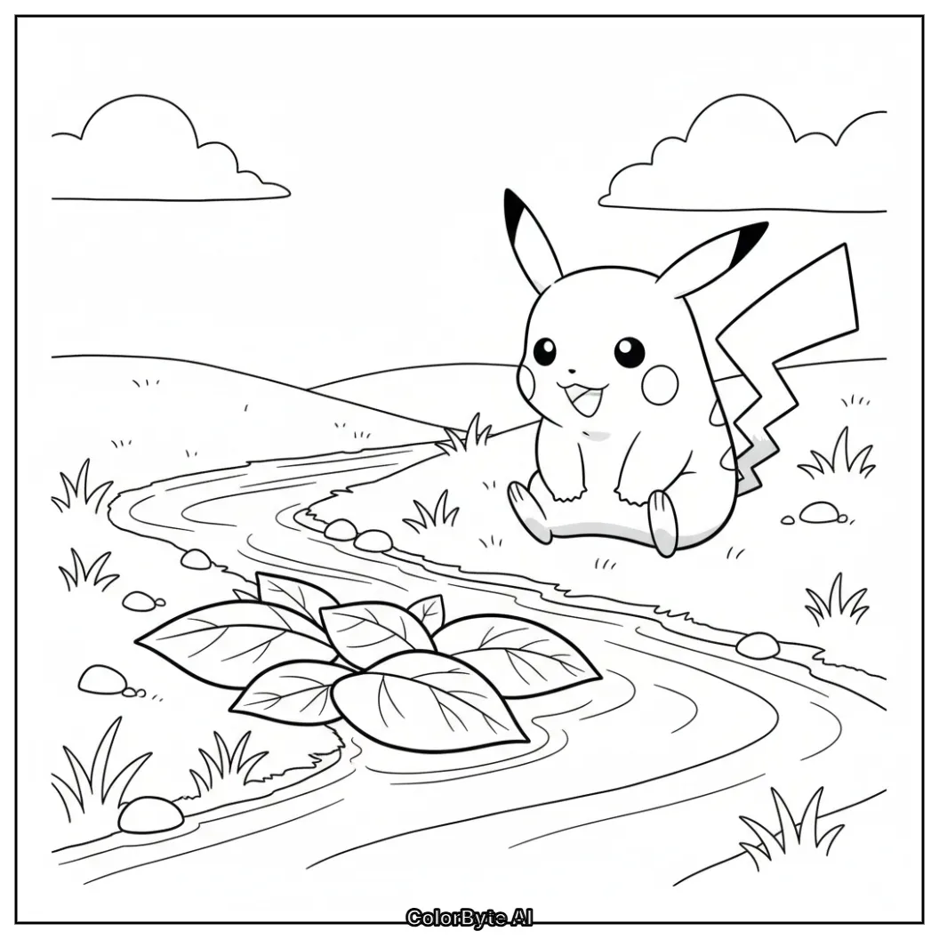 Pikachu watching leaves by stream