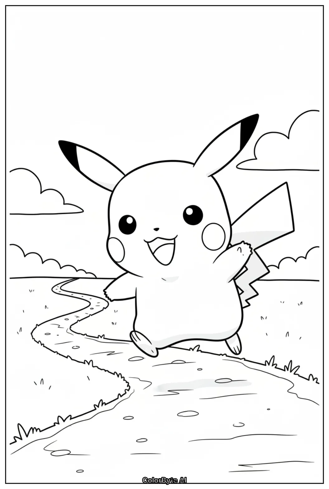 Pikachu hopping along country trail