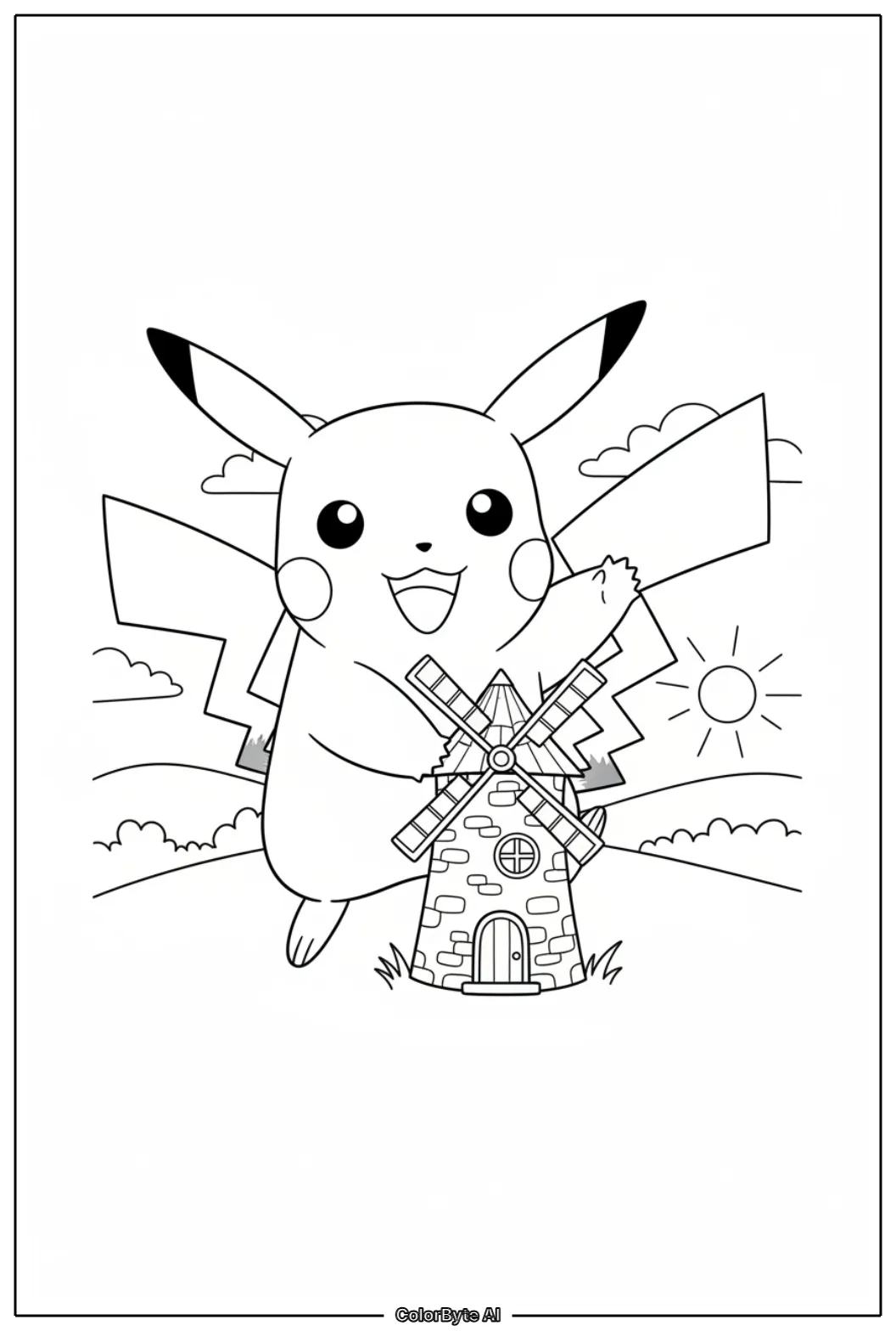 Pikachu around small countryside windmill