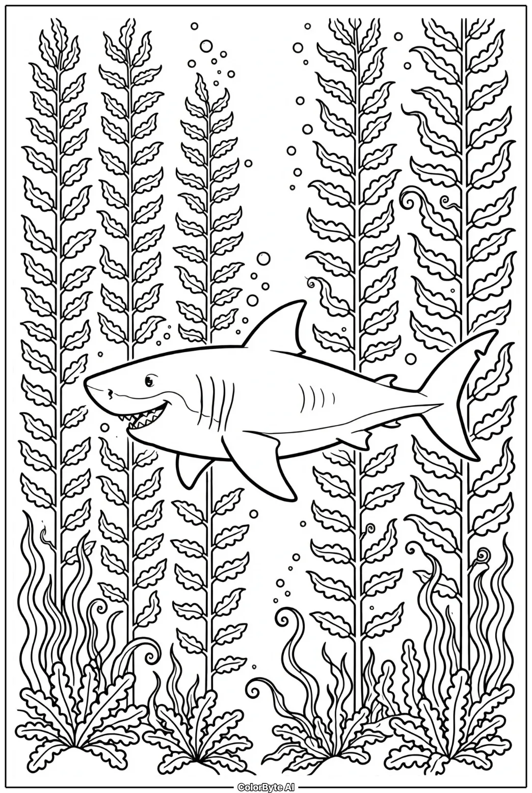 Great White Shark Circling Kelp Forest