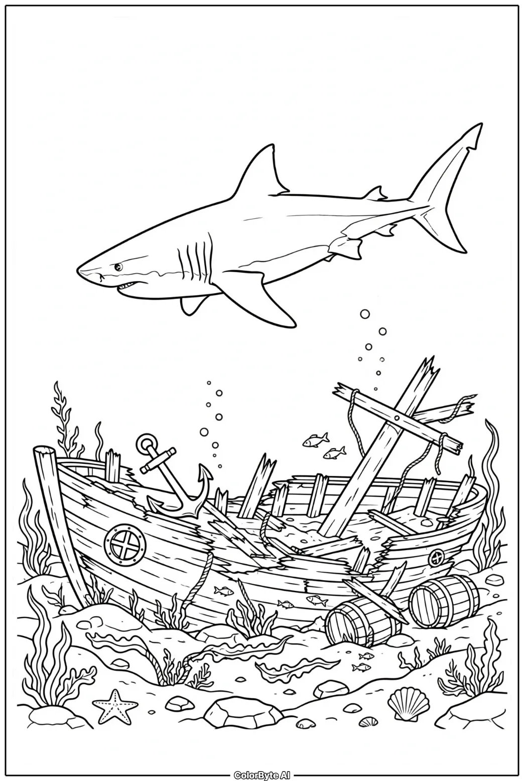 Realistic Shark Swimming Past Shipwreck