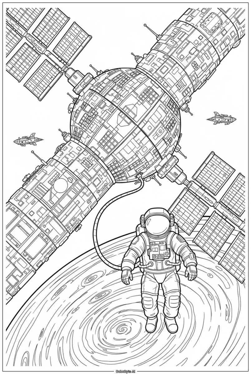Astronaut Spacewalk Outside Colossal Space Station