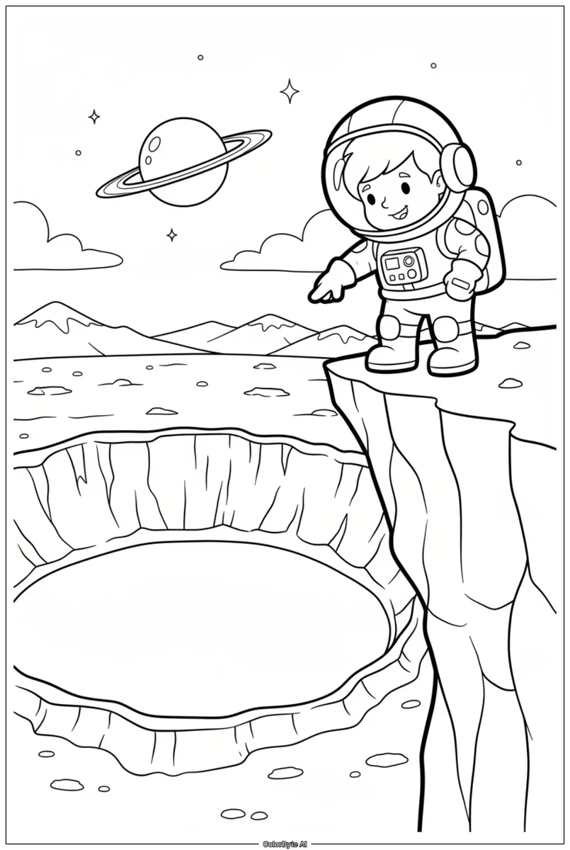 Astronaut on a Cliff Overlooking a Crater