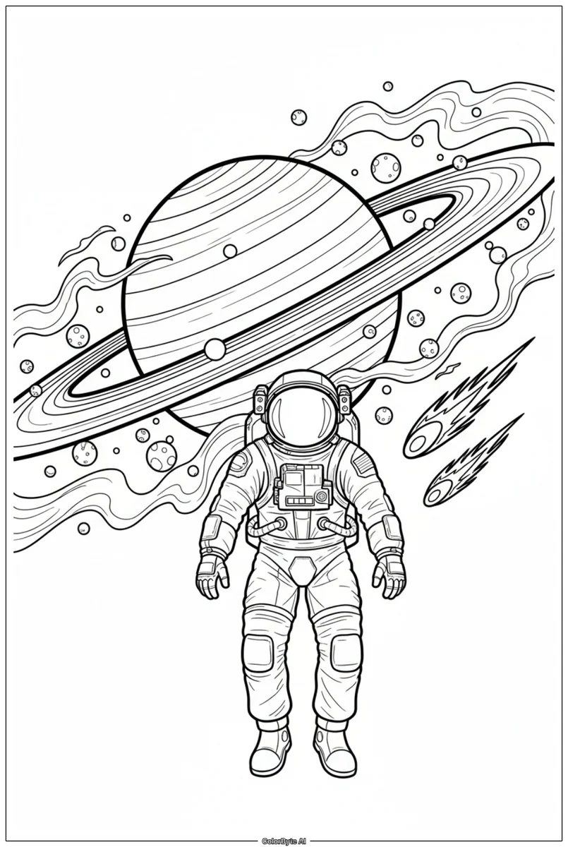 Astronaut Silhouetted Against Giant Saturn Rings