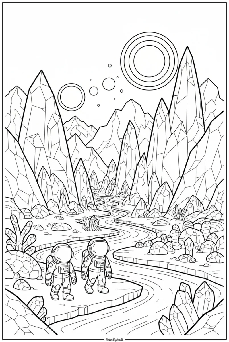 Two Astronauts Exploring Crystal Valley