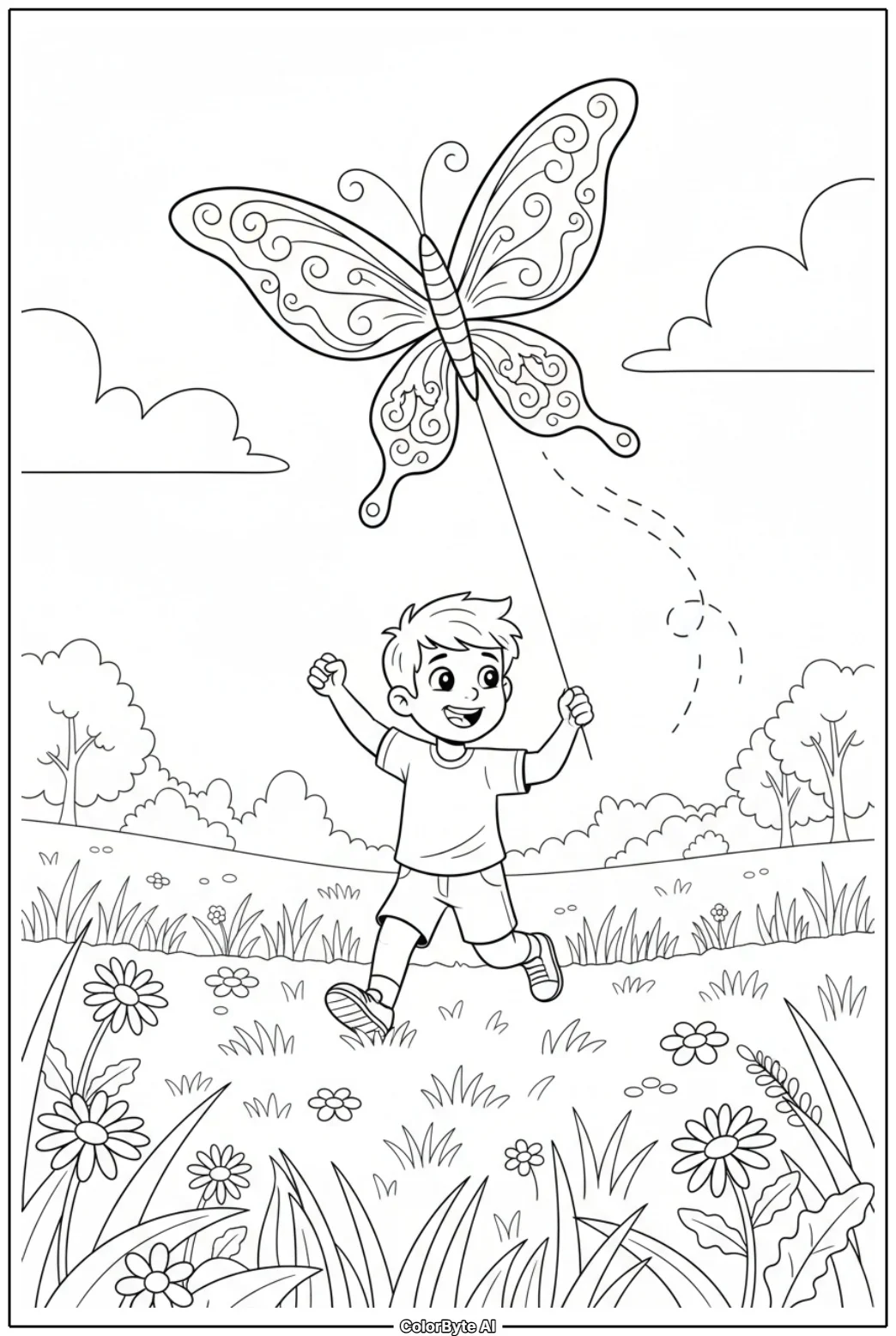 Boy Flying Colorful Kite on Spring Meadow