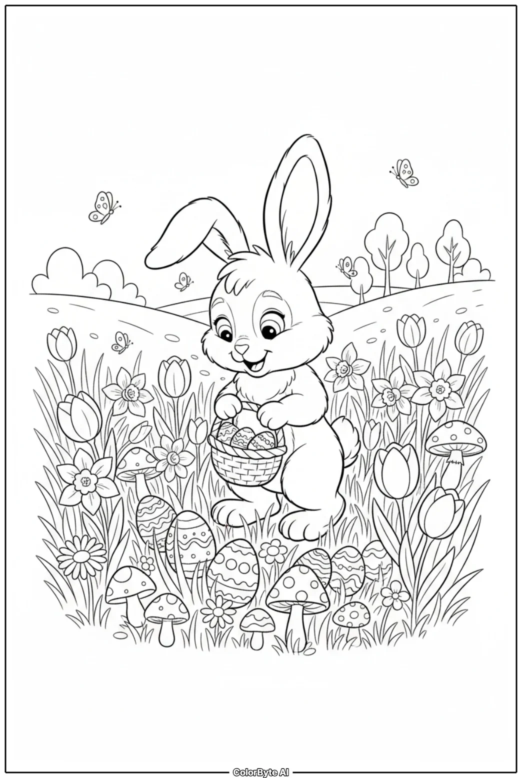 Bunny Collecting Easter Eggs in Grass Field