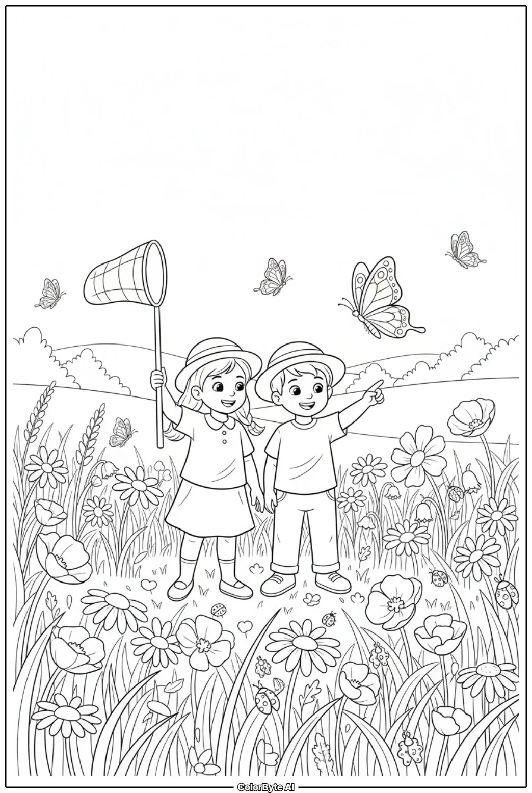 Children Catching Butterflies in Flower Field