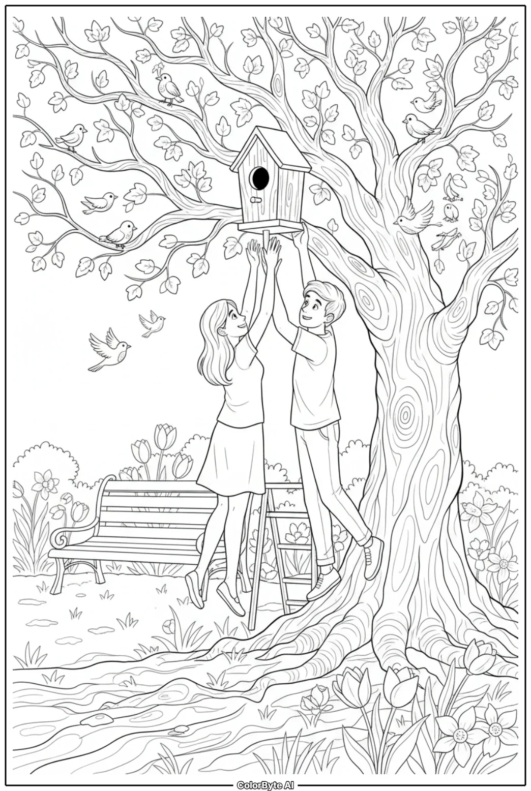 Friends Building a Small Birdhouse in Spring Park