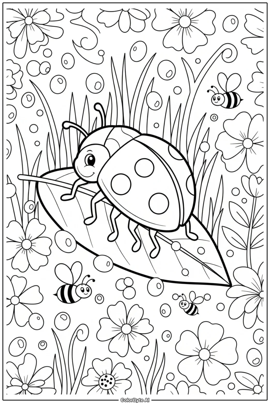 Ladybug Crawling on Spring Leaf and Flower