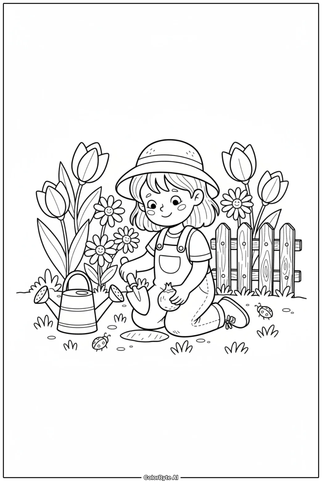 Little Girl Planting Spring Flowers in Garden