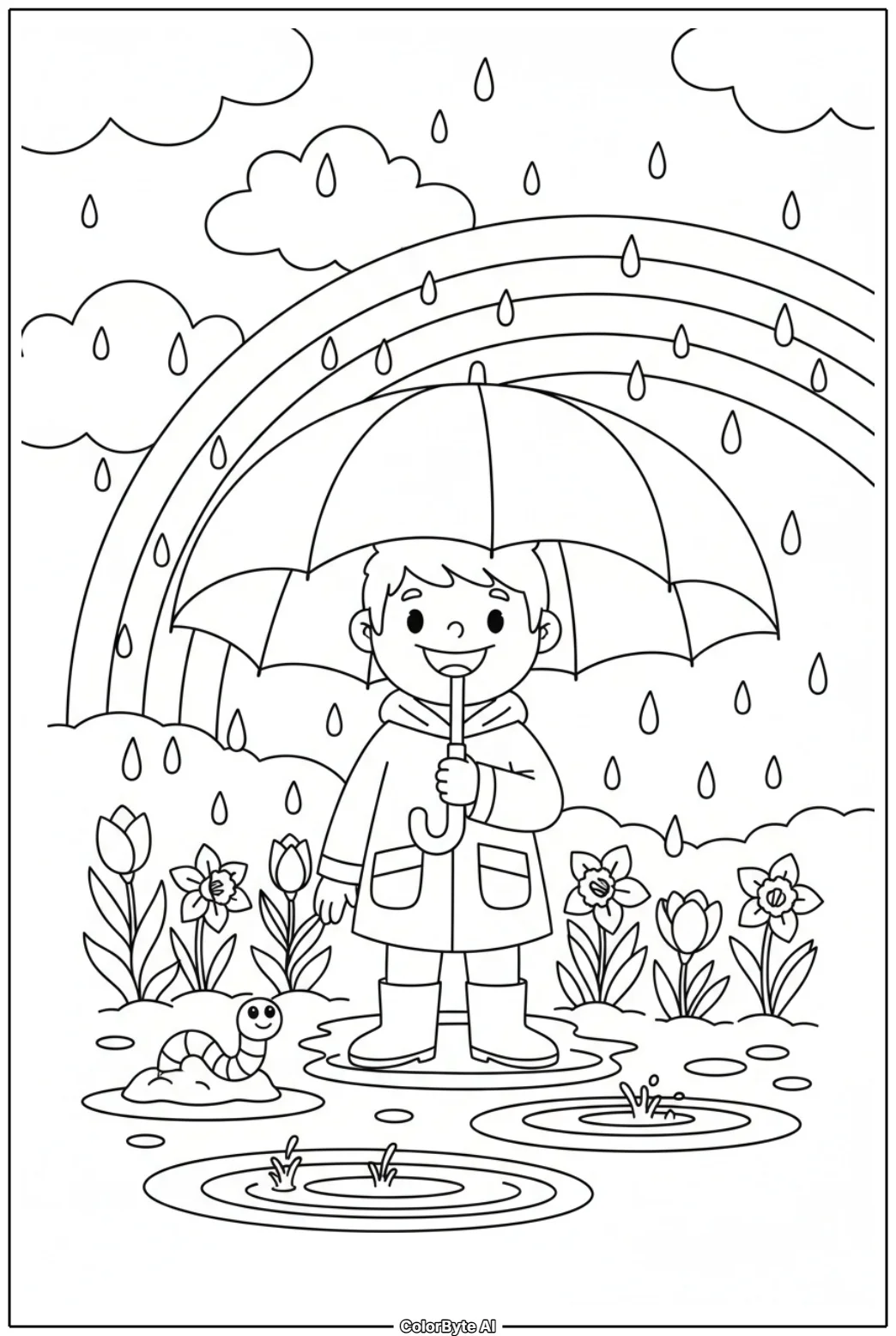 Spring Rainy Day with Rainbow and Umbrella