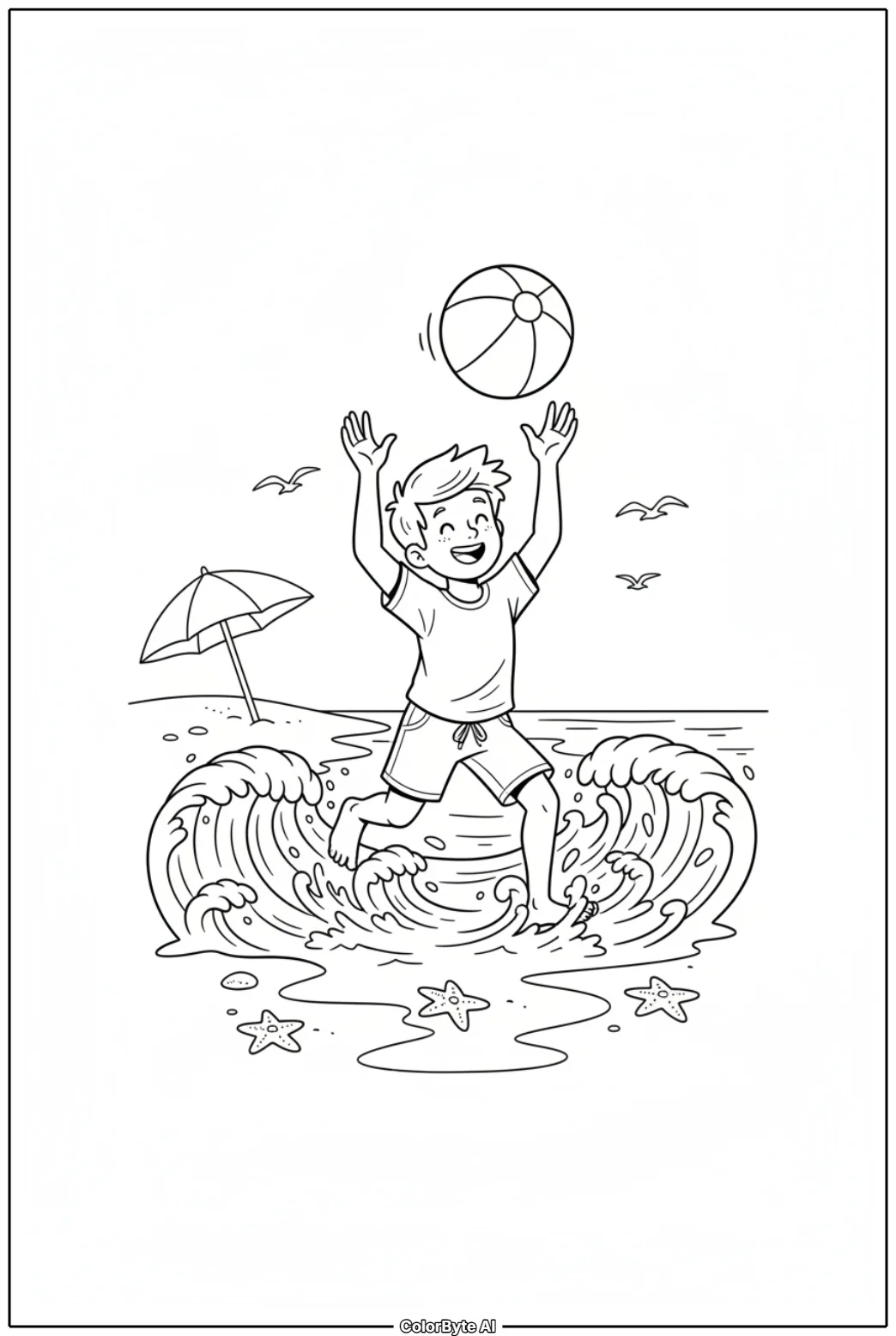 Boy Playing with Beach Ball by the Shore