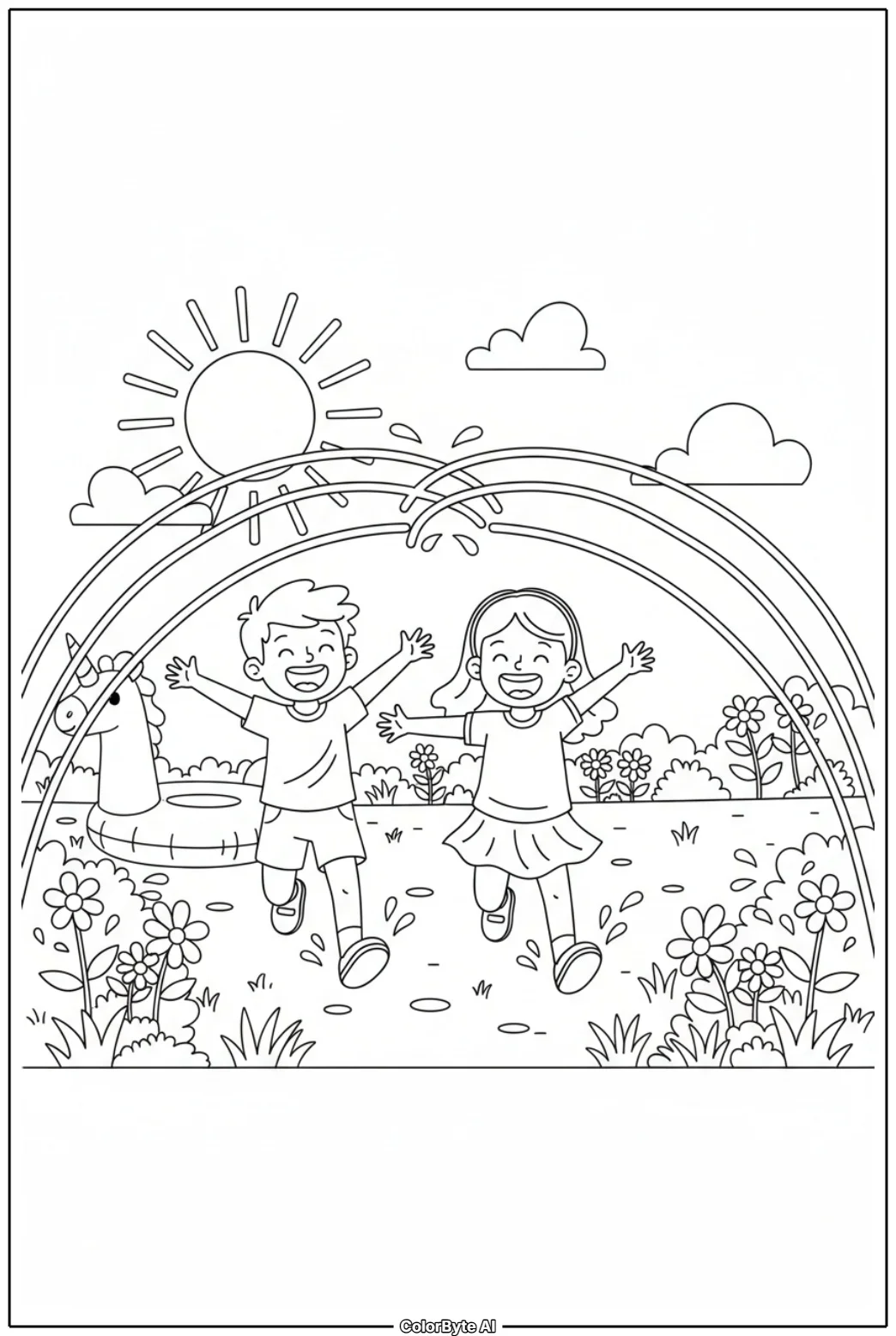Children Running Through Sprinkler in Backyard