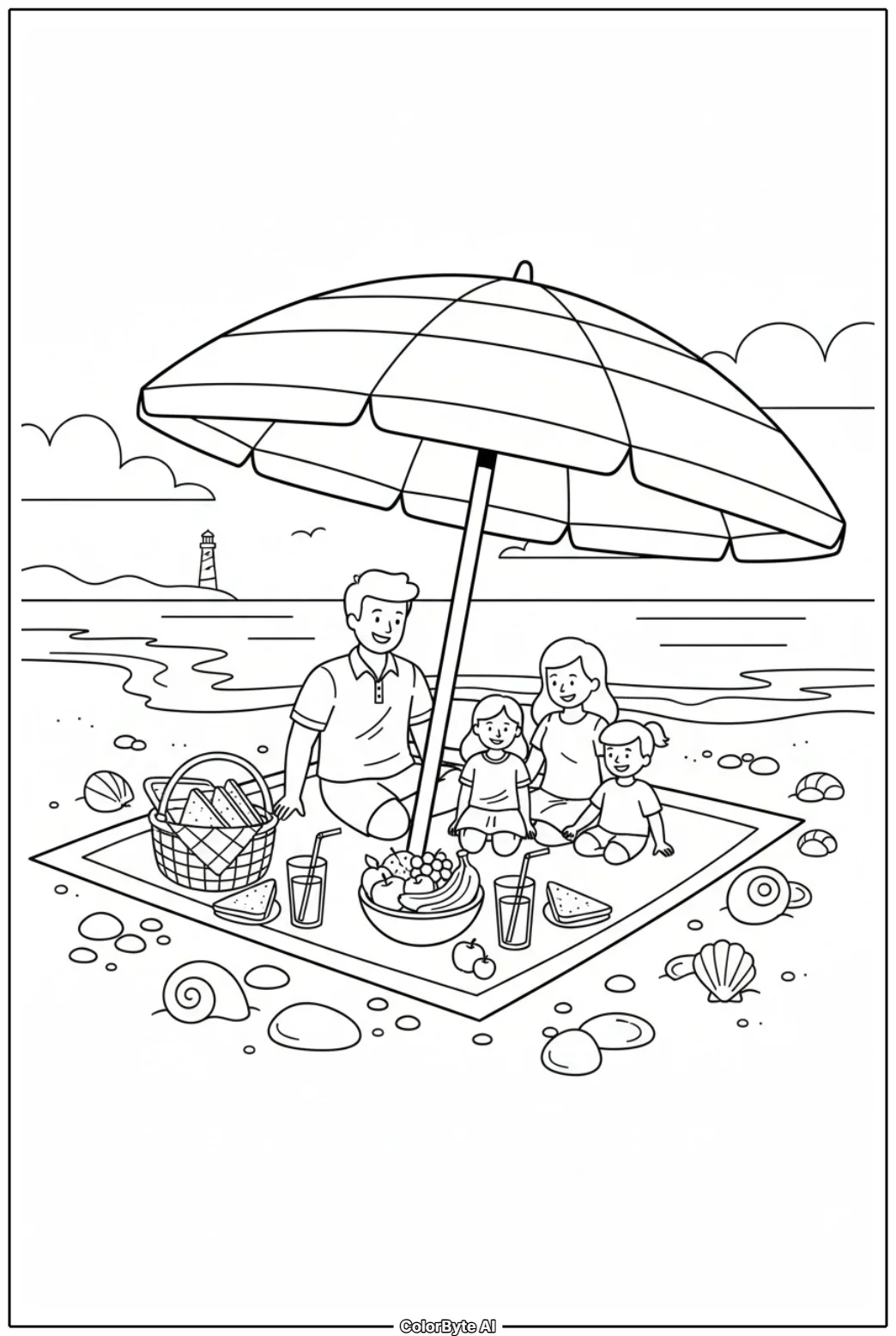 Family Having Picnic Under Beach Umbrella