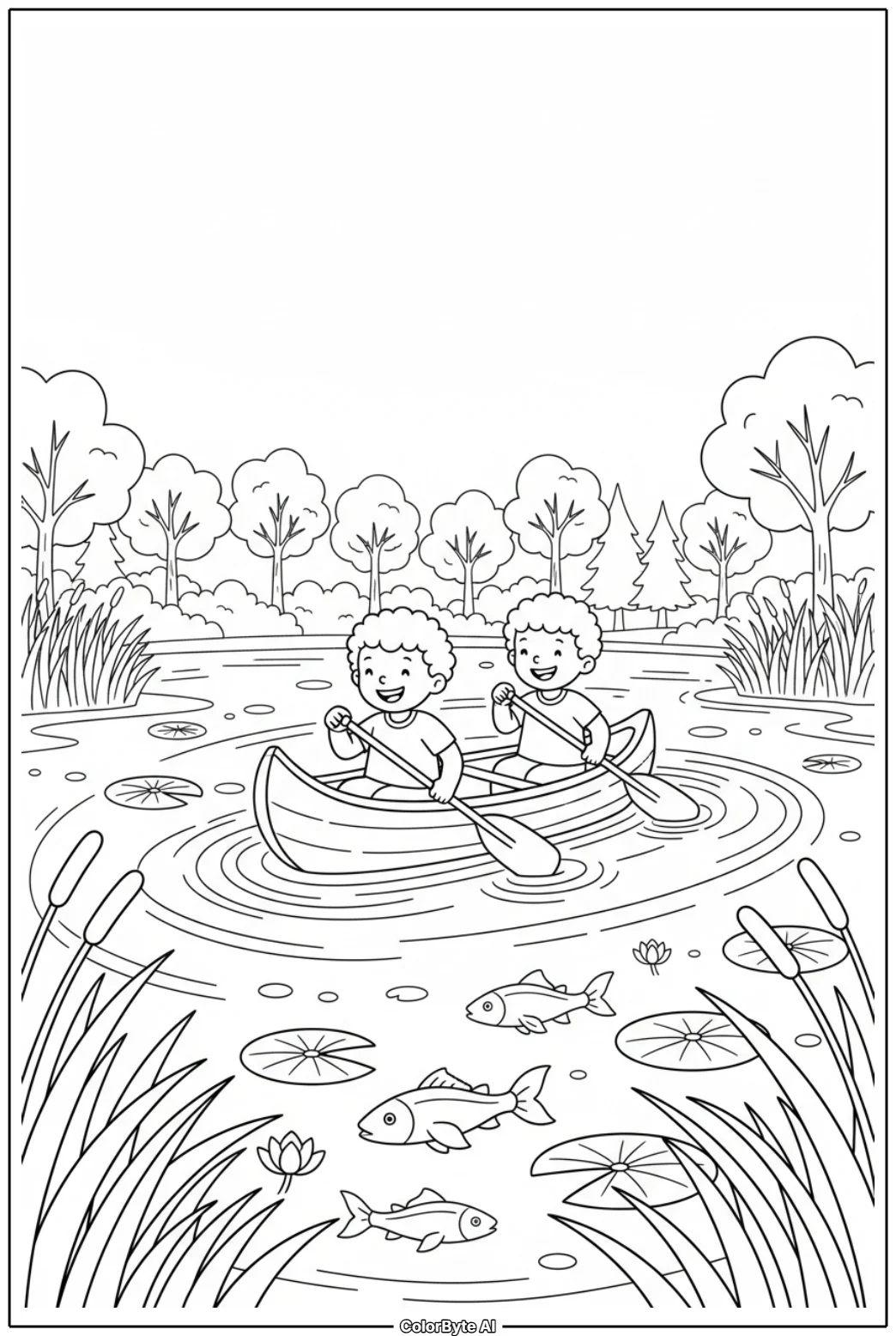 Two Boys Paddling Canoe on Summer Lake