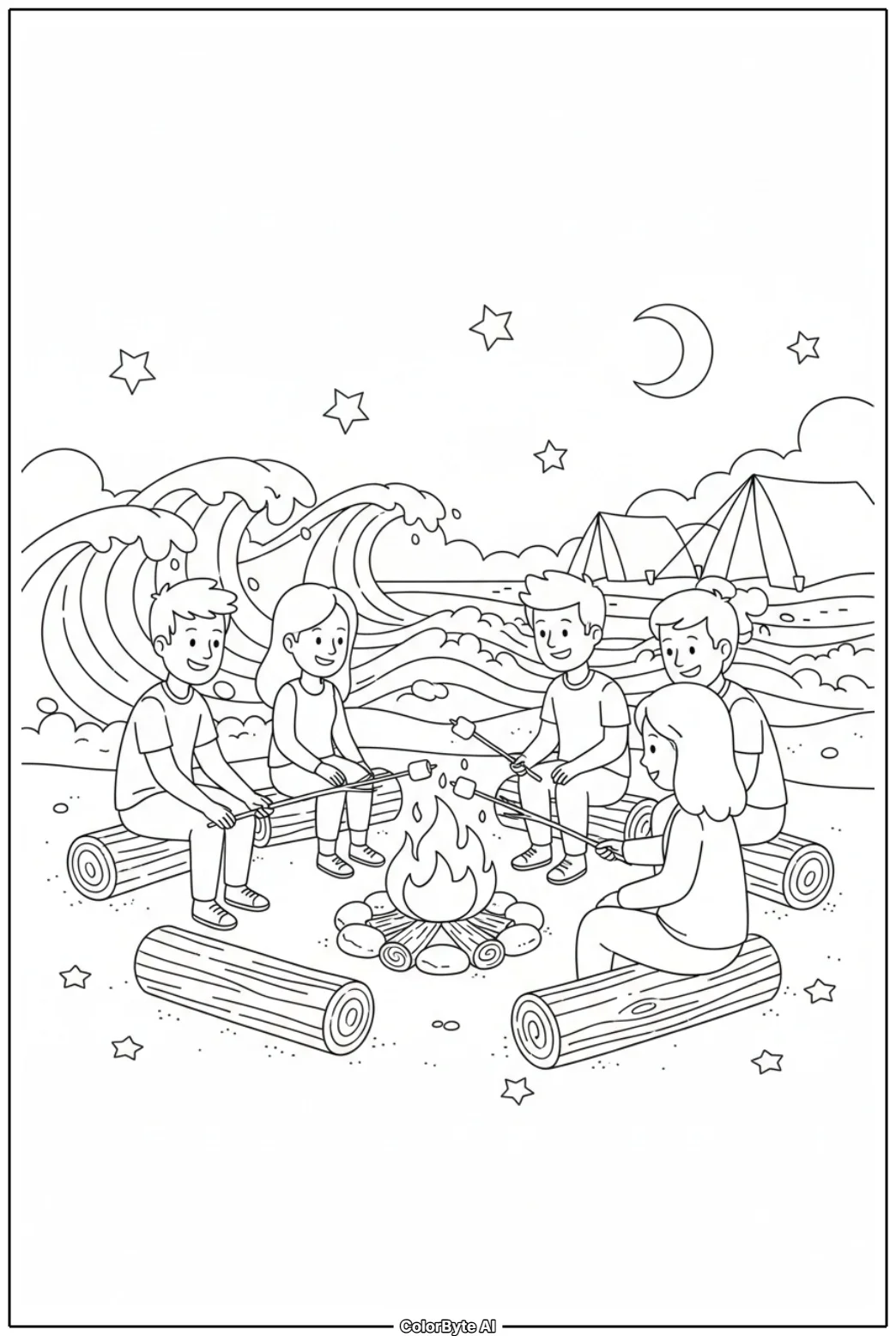 Summer Beach Bonfire with Friends at Dusk