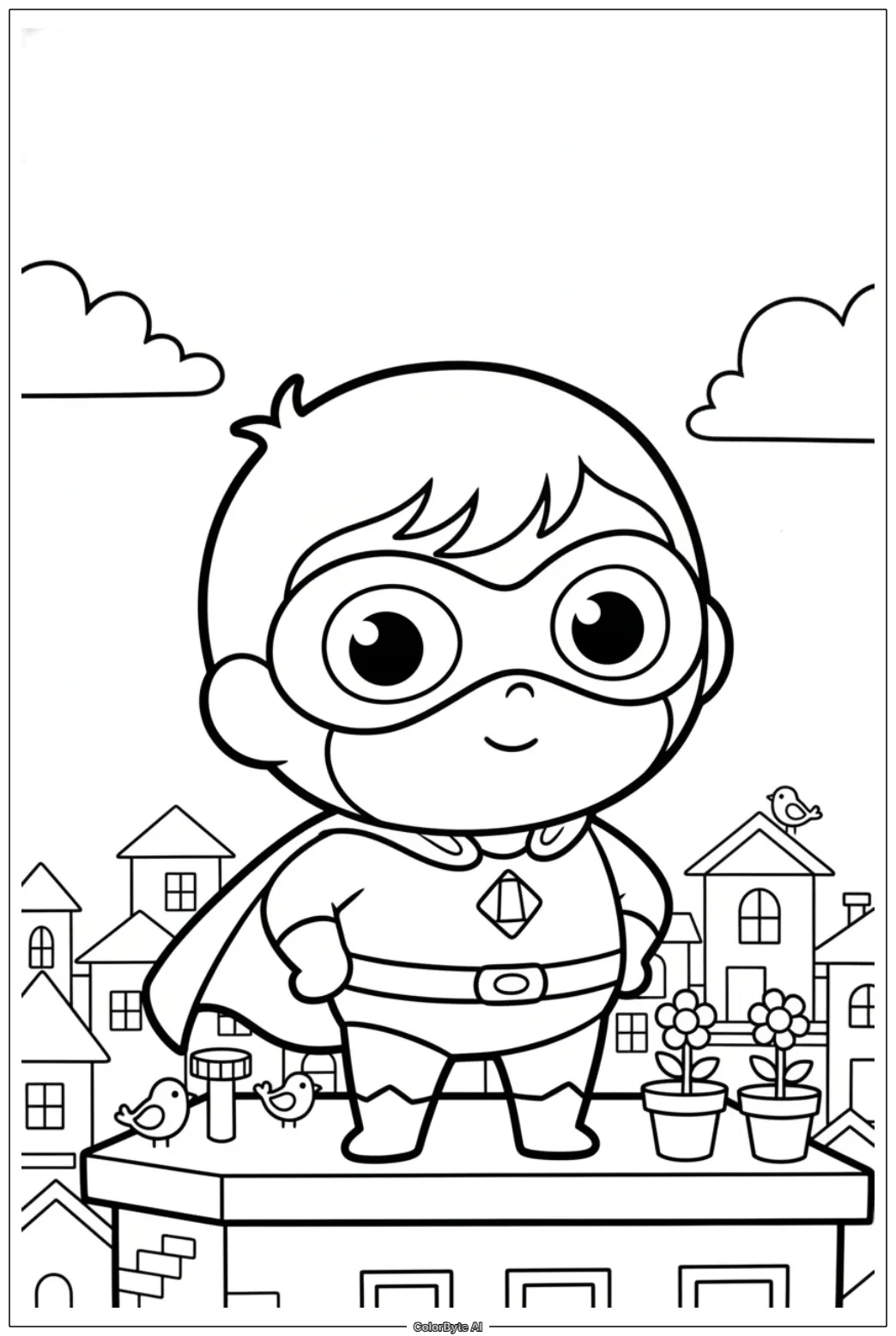 Chibi Superhero Waving on Rooftop