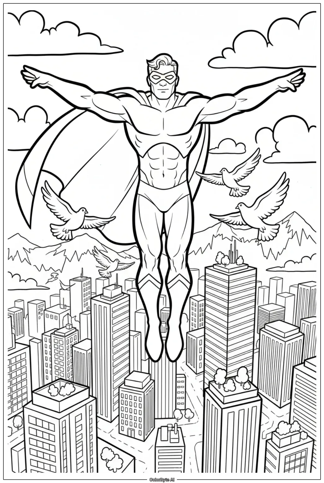 Superhero Flying Over City