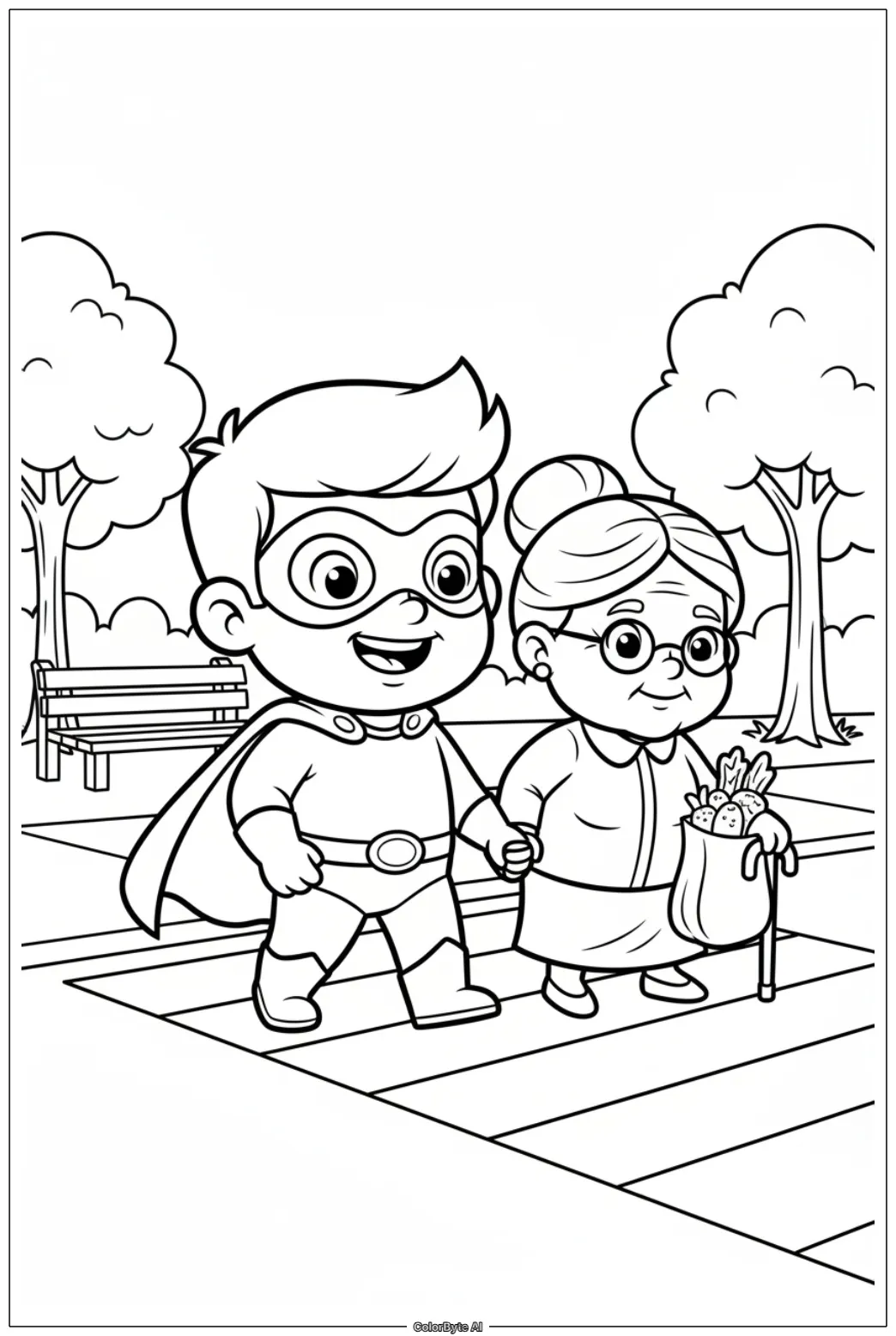 Little Superhero Helping Grandma Cross the Street