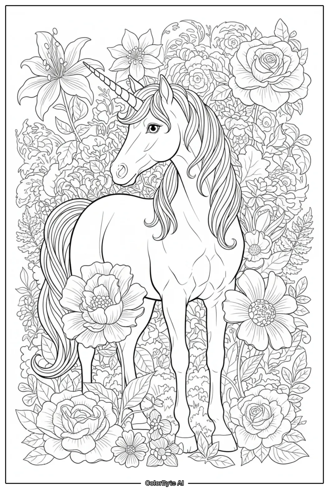 Unicorn beside oversized wild blossoms woodland bushes