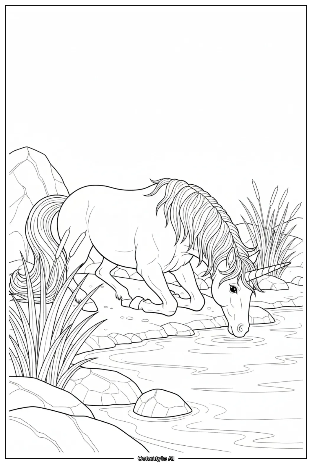 Unicorn drinking water beside rocky lakeside reeds